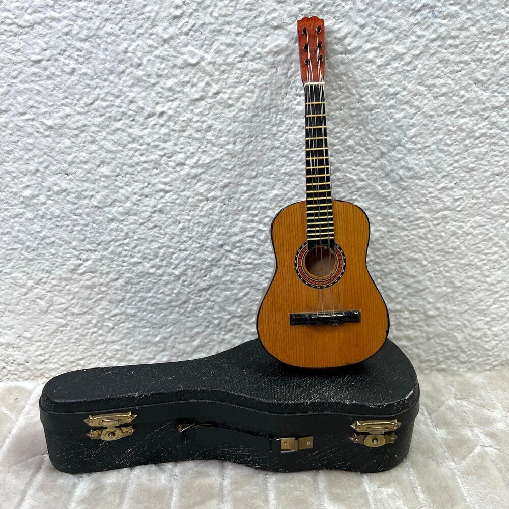 Vintage Miniature Acoustic Guitar in Case Small Scale Wood 8" Brown Tan